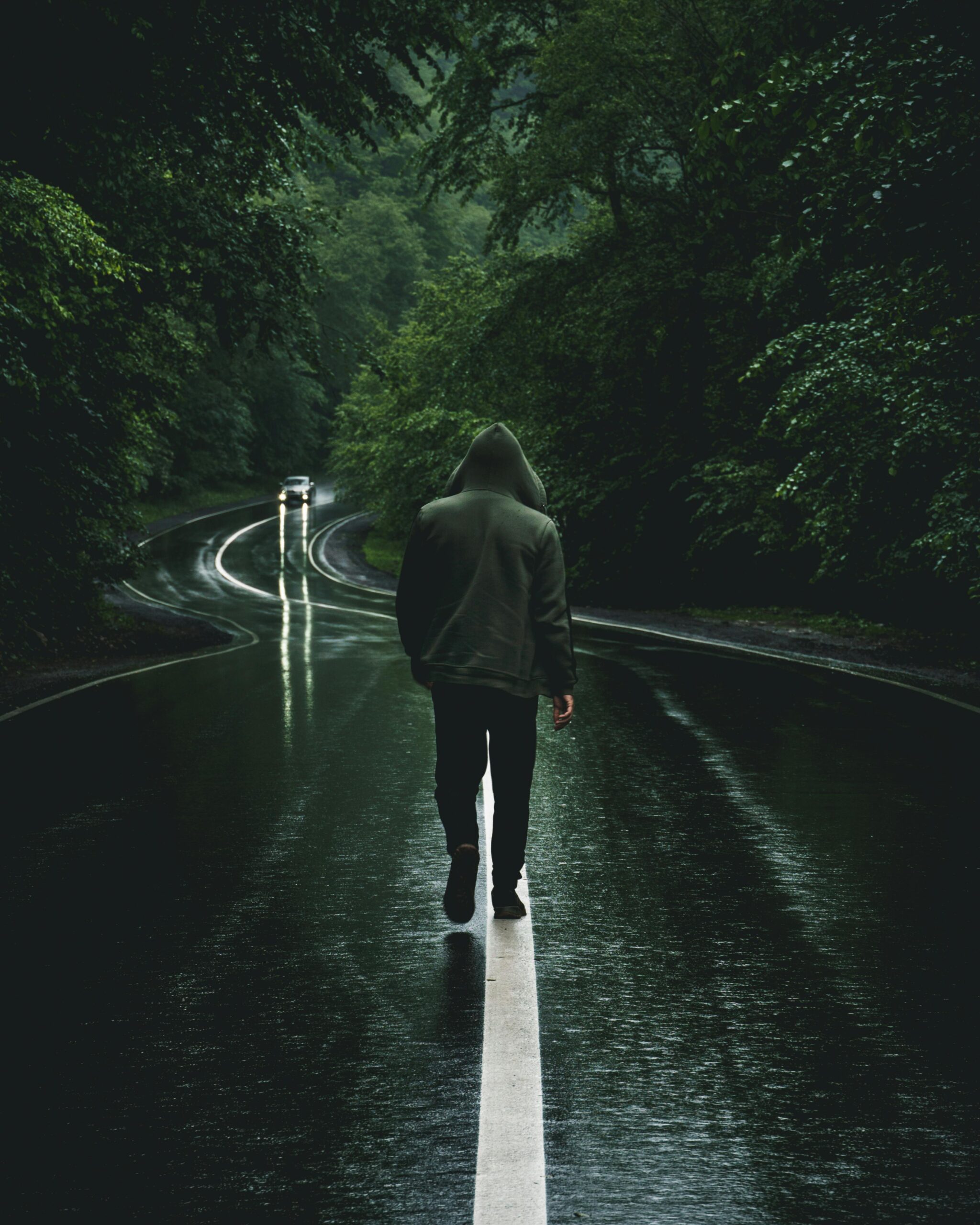 A solitary figure in a hoodie walks on a wet forest road, creating a mysterious and moody atmosphere.