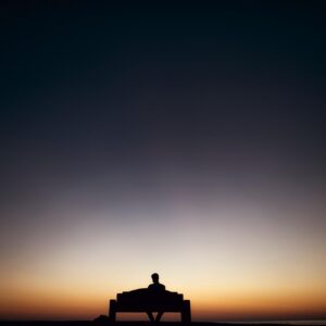 man, bench, sunset, silhouette, alone, lonely, solitude, solitary, dark, dawn, dusk, outdoors, sit, sitting, seat, nature, sky, twilight, skyscape
