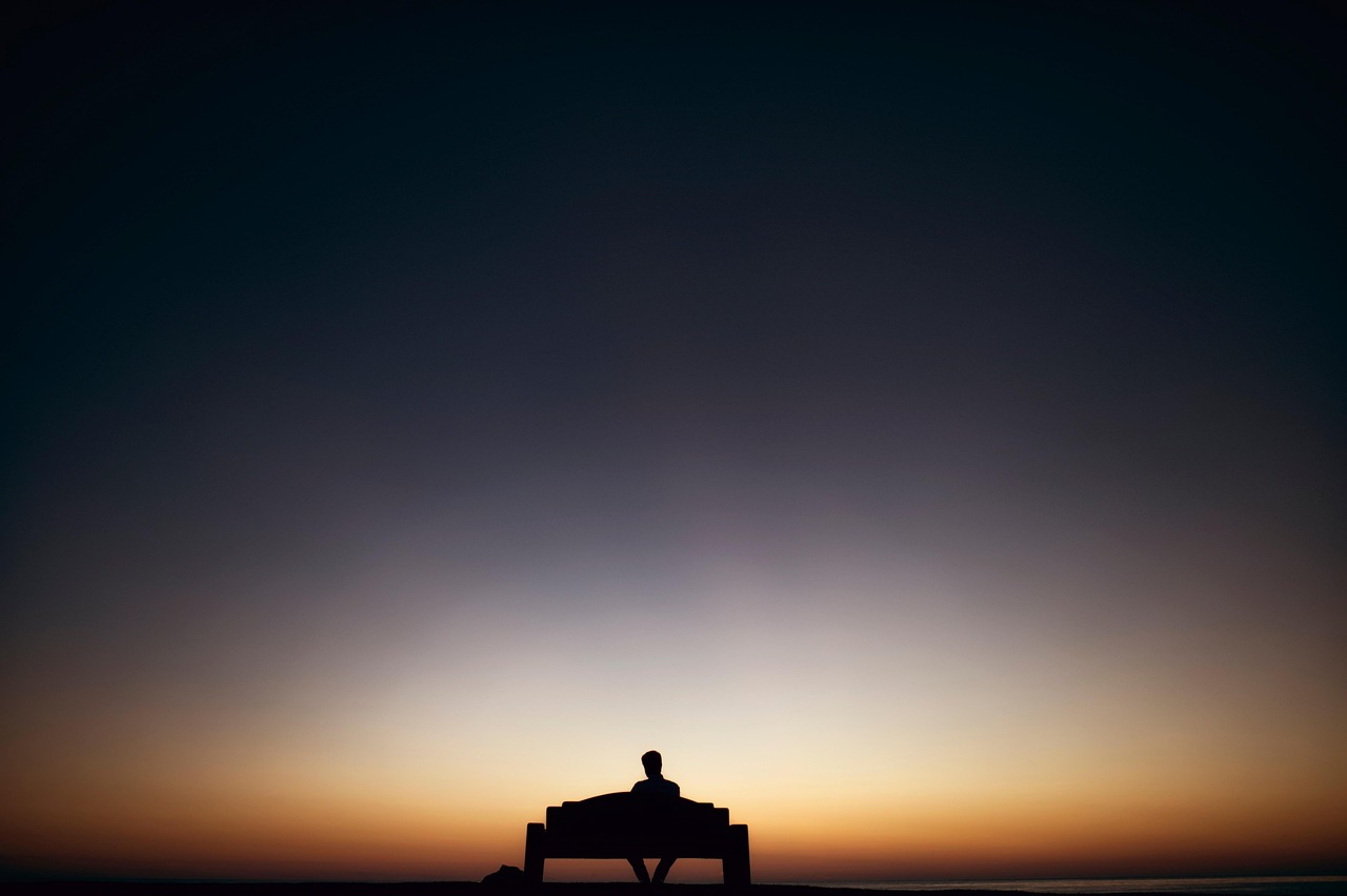 man, bench, sunset, silhouette, alone, lonely, solitude, solitary, dark, dawn, dusk, outdoors, sit, sitting, seat, nature, sky, twilight, skyscape